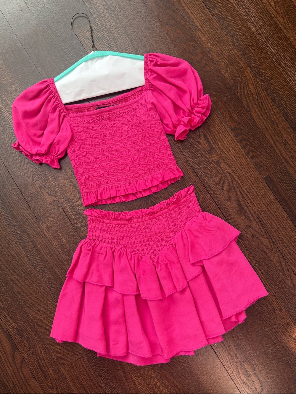 Katie J NYC Bright Pink Smocked Crop Top and Skirt